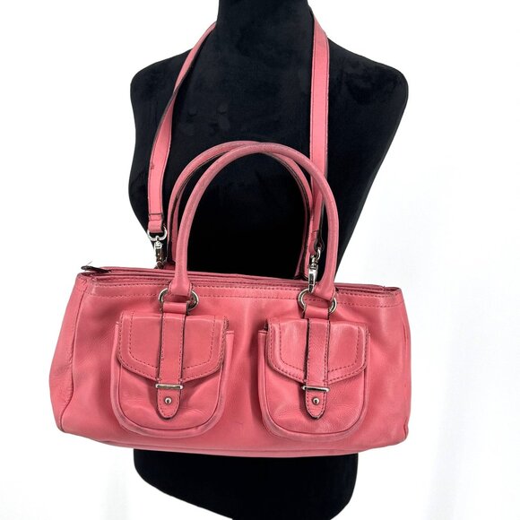 Vintage Baguette Purse Y2k East West Pocket Pink Strap 2‎ Handles Leather Zip - Picture 1 of 7